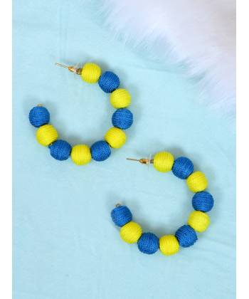 Crunchy Fashion Designer Gold-Plated Yellow& Blue Nylon Thread Balls Big Hoop Earrings CFE1667