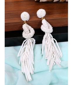 Crunchy Fashion Handcrafted White Tasseled Beaded Earrings CFE1675