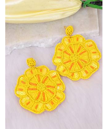 Crunchy Fashion Handmade Thread & Yellow Beadwork Flower Drop & Dangler Earrings CFE1676