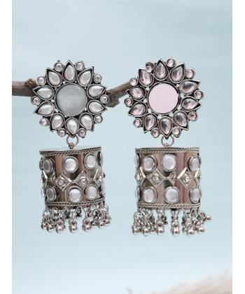 Crystal Studded Oxidized Silver Jhumka Earrings for Women