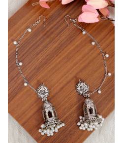 Traditional Oxidised Silver Temple/Mandir Kaan Chain Jhumki Earrings 