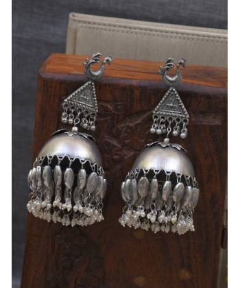 Bohemian Oxidized Silver Tribal Long Banjara Peacock Jhumka Earrings for Women/Girls