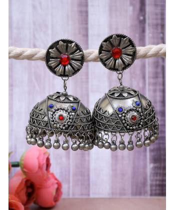 Ethnic Elegance Oxidized Silver Red Crystal Studded Banjara Earrings for Women/Girls