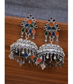 Ethnic Elegance Oxidized Silver Long Banjara Multicolor Meenakari Jhumka Earrings For Women/Girl's
