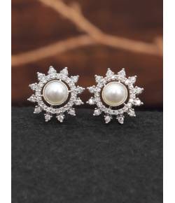 Crunchy Fashion Floral White Pearl Embellished Gold Plated Stud Earrings CFE1719