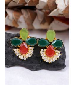 Crunchy Fashion Multicolor Gold-Plated Floral Pearl Studs Dangler Earrings CFE1771