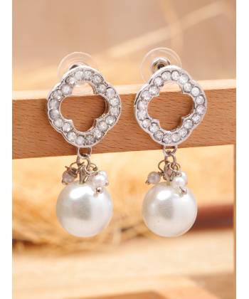 Crunchy Fashion Silver-Tone Crowned Pearls Rhine Stone Studded Earrings CFE1798