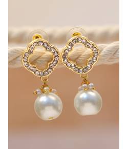 Crunchy Fashion Gold-Tone Crowned Pearls Rhine Stone Studded Earrings CFE1799