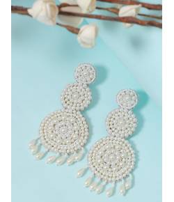 Crunchy Fashion White Beaded Long Triple Layer Earrings CFE1833