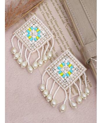 Crunchy Fashion Handmade Beaded & Sequin White Dangler Earrings CFE1834