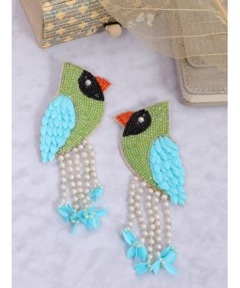 Crunchy Fashion Quirky Birdie Beaded Green & Blue Earrings CFE1841