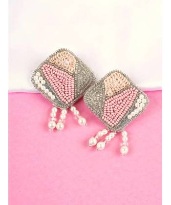 Handmade Pink Beaded Stud Earrings