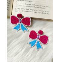  Beaded Pink and Blue Bow Drop Earrings for Women/Girls