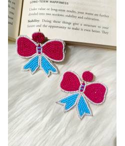  Beaded Pink and Blue Bow Drop Earrings for Women/Girls