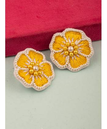 Yellow Beaded Flower Stud Earrings for Women