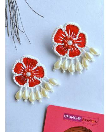 Handmade Red Blossom Beaded Floral Stud Earrings for Girls,Women