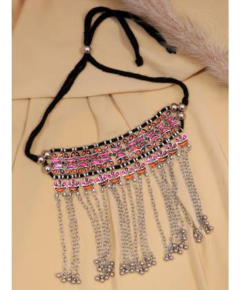 Bohemian Chain Gypsy Oxidised Silver Necklace Boho Retro Leaf  Pink & Orange color Choker Necklace Set CFN0896