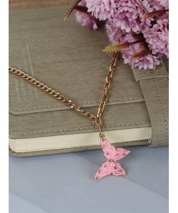 Crunchy Fashion Gold-Tone Elegant Pink Butterfly Pendant Necklace 