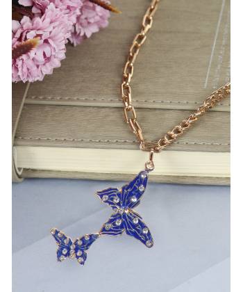 Crunchy Fashion Studded Dual Blue Butterfly Gold-Tone Chain Pendant CFN0953 