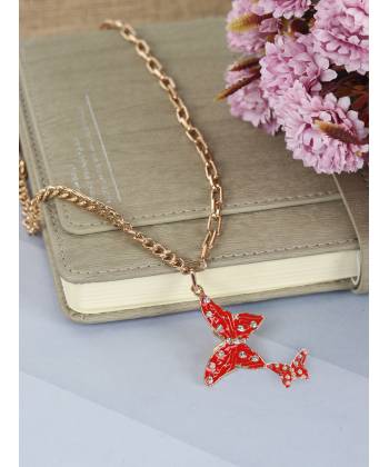 Crunchy Fashion Studded Dual Red Butterfly Gold-Tone Chain Pendant CFN0954