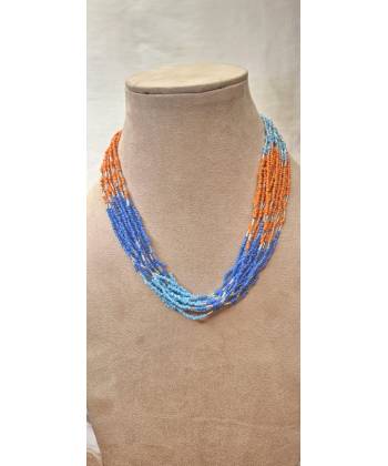 Blue & Orange Beaded African Necklace Boho Jewelry for