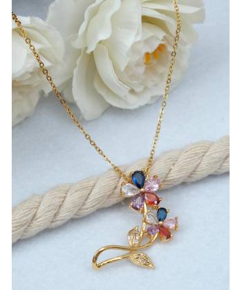 Gold-Plated Multi-Color Crystal Floral Pendant Necklace For Women/Girls