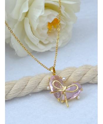Gold-Tone Purple Crystal Heart Pendant Necklace For Women/Girl's