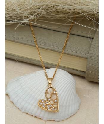 Gold-Plated Heart Shaped Stone/crystal Pendant Necklace for Women & Girl's 