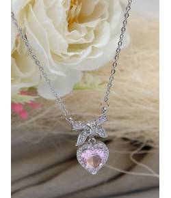 Silver-Plated Pink Crystal Heart Bow Pendant Necklace for Women/Girls
