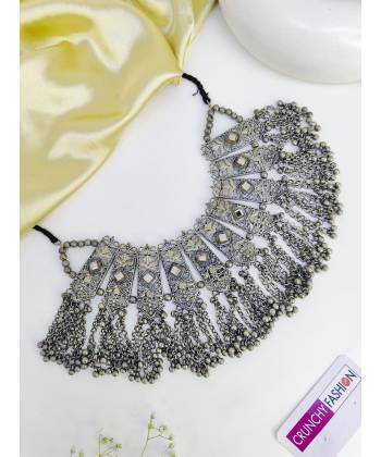 Afgan Style Silver Oxidised Choker Necklace Set for Women & Girls