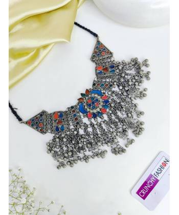 Exquisite Afghan Style Boho Oxidised Silver Choker Necklace for Women & Girls