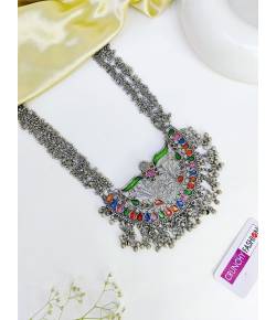 Buy Online Crunchy Fashion Earring Jewelry Multicolored Meenakari Work Silver Oxidised Long Necklace for Women Necklaces & Chains CFN1030