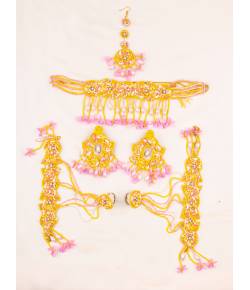 Yellow-Pink Handmade Beaded Pearl Floral Bridal Haldi-