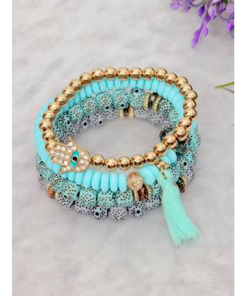 Crunchy Fashion Bohemian Turquoise Blue Evil Eye Multi-String Bracelet CFB0476