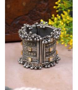 Handmade Oxidized Silver Broad Cuff Crystal Banjara Adjustable Bracelet For Women/Girl's 
