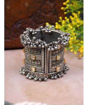Handmade Oxidized Silver Cuff Crystal Banjara Bracelet For Women/Girl's 