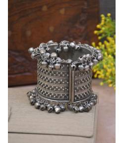 Bohemian Oxidized Silver Broad Cuff Ghungroo Studded Tribal Adjustable Bracelet