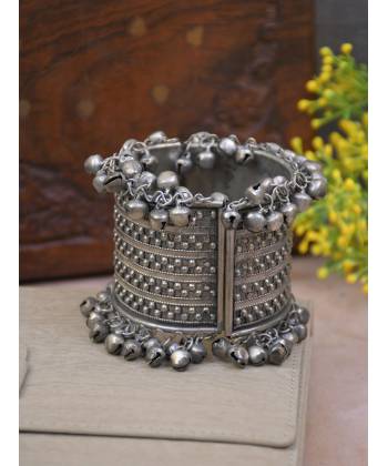 Bohemian Oxidized Silver Ghungroo Studded Tribal Cuff Bracelet
