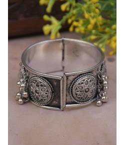 Tribal Elegance Oxidized Silver Board Cuff Ghungroo Studded Adjustable Bracelet