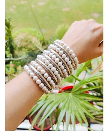 Silver Pearl Spiral Boho Chic Bangle for Girls/Women