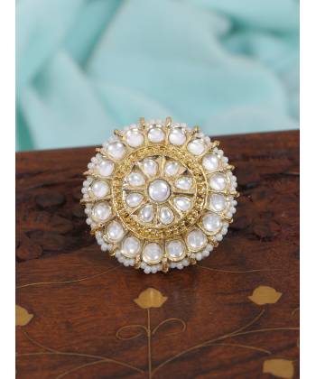 Crunchy Fashion  Gold-Plated Traditional Meenakari White Kundan Finger Ring CFR0494