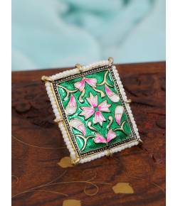 Crunchy Fashion Glamorous Square Shape Indo-Western  Gold-Plated Green Meenakari Work Finger Ring CFR0497