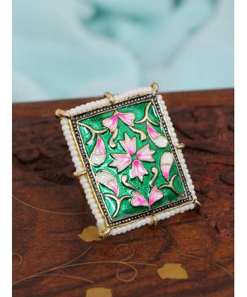 Crunchy Fashion Glamorous Square Shape Indo-Western  Gold-Plated Green Meenakari Work Finger Ring CFR0497