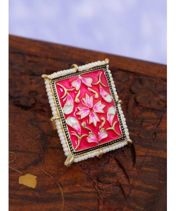 Crunchy Fashion Glamorous Square Shape Bollywood Style  Gold-Plated Pink  Meenakari Work Finger Ring CFR0499