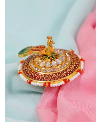 Crunchy Fashion Traditional Gold-Plated Red Meenakari Peacock Wedding Ring 