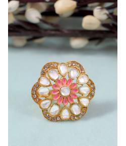 Traditional Gold-Plated Kundan Pink Studded Cocktail Rings CFR0526