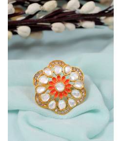 Traditional Gold-Plated Kundan Orange Studded Cocktail Rings CFR0527
