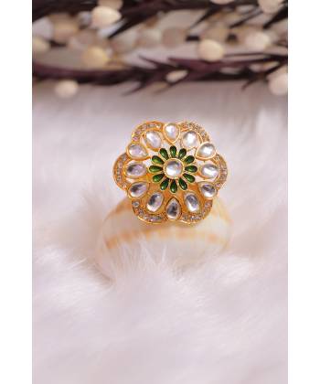 Traditional Gold-Plated Kundan Dark Green Studded Cocktail Rings CFR0528