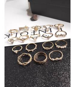 Crunchy Fashion Gold-Plated Set of 17 Bohemian Style Adjustable Finger Rings CFR0590