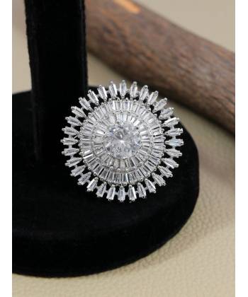Crunchy Fashion Silver-Plated American Diamond Sparkling Floral Deign Finger Ring CFR0600